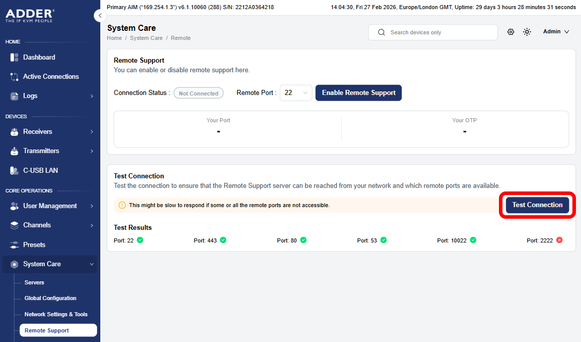 Remote Support   Test Connection