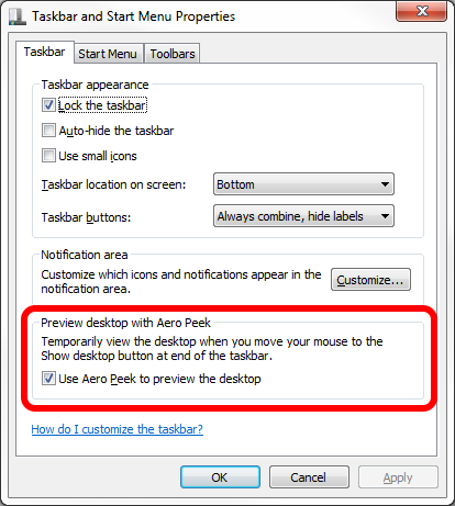 Windows 7 Taskbar Properties